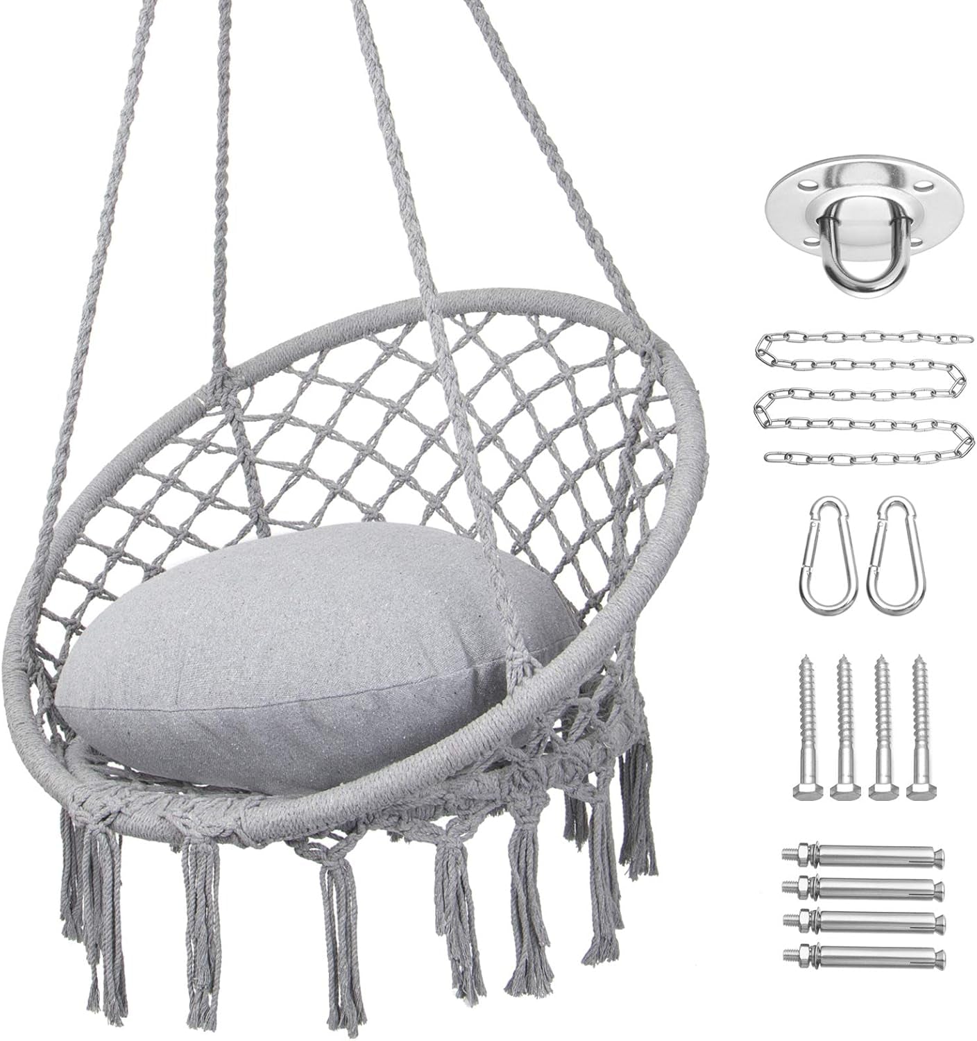 Hammock Chair Macrame Swing, Max 330 Lbs, Hanging Cotton Rope Hammock Swing Chair for Indoor and Outdoor Use, Light Grey