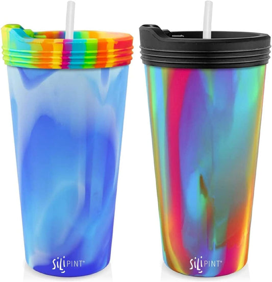 22-Ounce Silicone Tumbler Cups with Lids and Straws, Unbreakable, Reusable, and Versatile Cups for Travel, Hiking, Camping, Sports, and Outdoors, Arctic Sky & Hippy Hop, Pack of 2