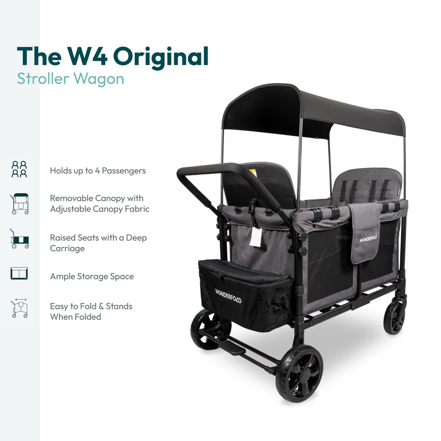 W4 Original Stroller Wagon (4 Seater) - Collapsible Wagon Stroller with Seats with 5-Point Harnesses, Easy Access Zipper Door, and Removable Sun Canopy, Gray