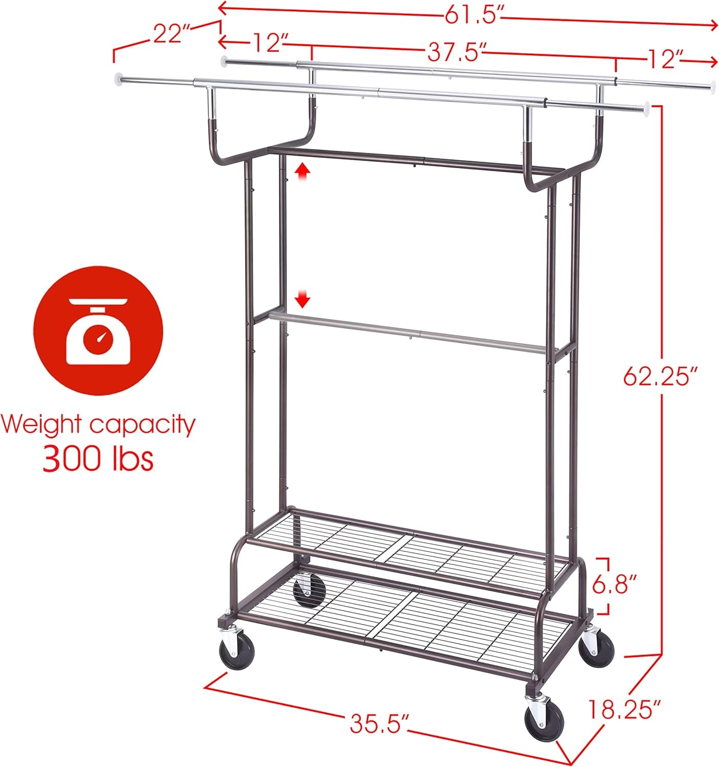 Double Rail Clothes Garment Rack, Heavy Duty Commercial Grade Clothing Rolling Rack on Wheels and Bottom Shelves, Holds up to 200 Lbs, Bronze