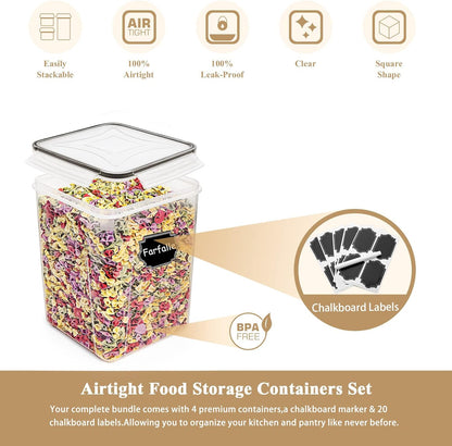 Large Food Storage Containers 5.2L /175Oz, 4 Piece BPA Free Plastic Airtight Food Storage Containers for Flour, Sugar, Baking Supplies, Kitchen & Pantry Containers with 20 Labels