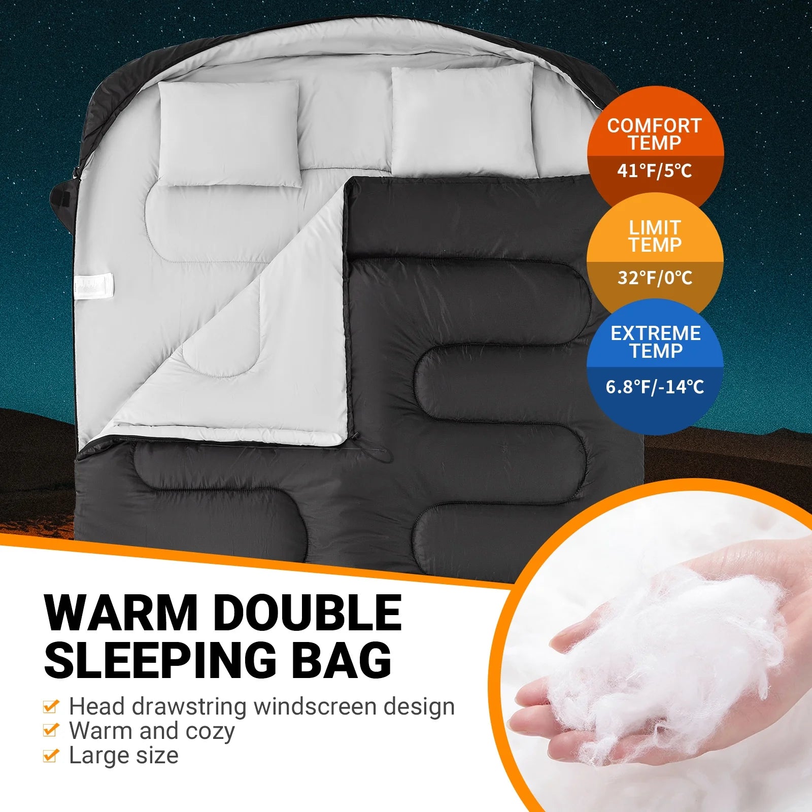 Double Sleeping Bag with 2 Pillows Water-Resistant 2-In-1 Double Sleeping Bag 3 Season for Adult Camping(Black,6.8℉-41℉)