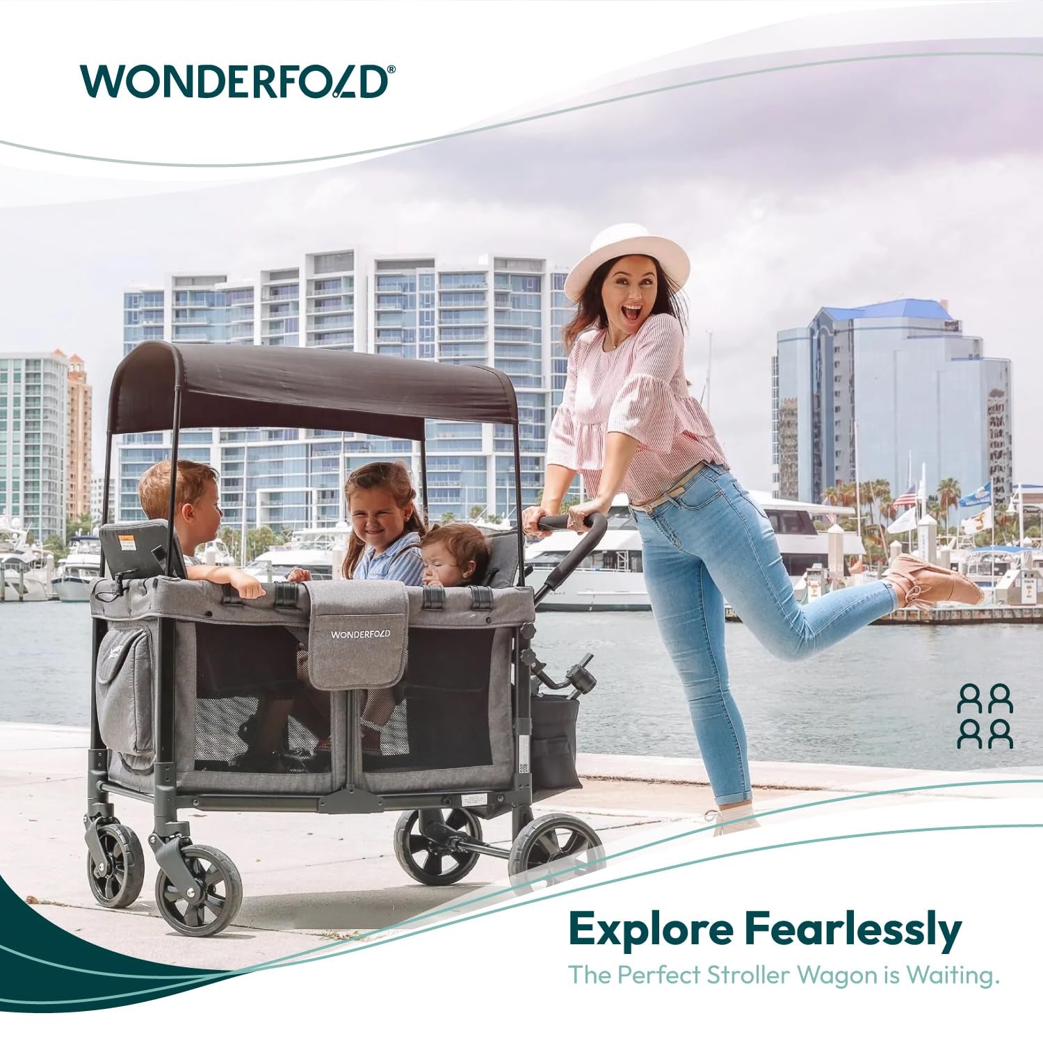 W4 Original Stroller Wagon (4 Seater) - Collapsible Wagon Stroller with Seats with 5-Point Harnesses, Easy Access Zipper Door, and Removable Sun Canopy, Gray