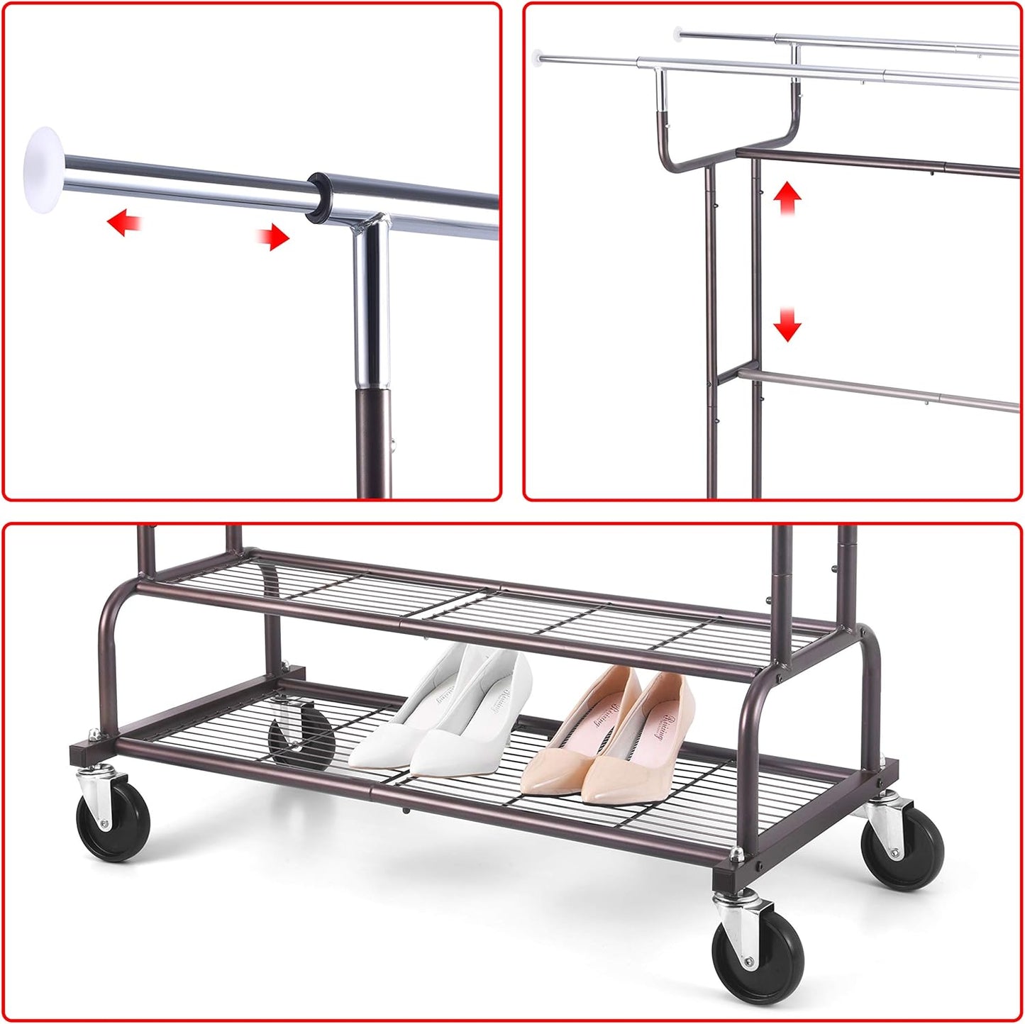 Double Rail Clothes Garment Rack, Heavy Duty Commercial Grade Clothing Rolling Rack on Wheels and Bottom Shelves, Holds up to 200 Lbs, Bronze