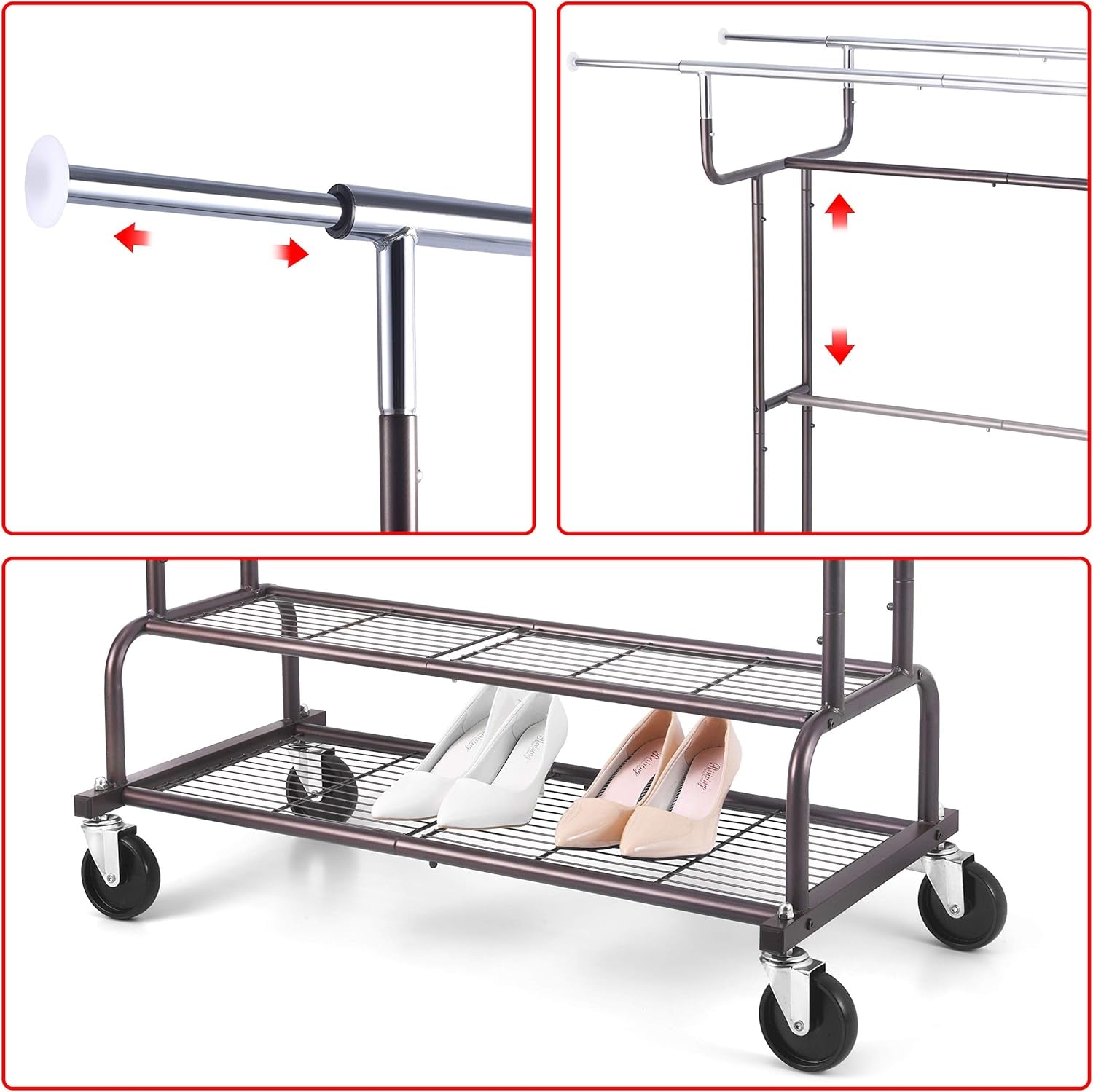 Double Rail Clothes Garment Rack, Heavy Duty Commercial Grade Clothing Rolling Rack on Wheels and Bottom Shelves, Holds up to 200 Lbs, Bronze