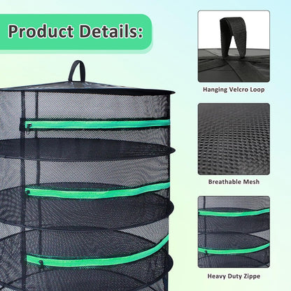 Herb Drying Rack 8 Layer 2Ft Diameter Plant Hanging Mesh Dry Net W/Green Zipper, Free Garden Pruning Shears