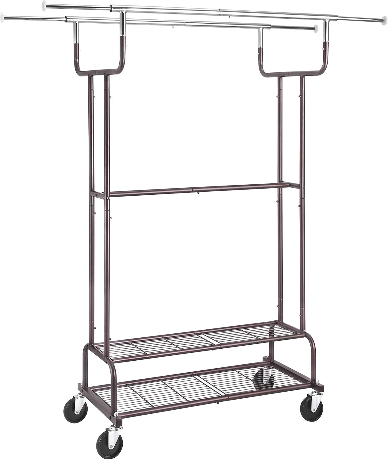 Double Rail Clothes Garment Rack, Heavy Duty Commercial Grade Clothing Rolling Rack on Wheels and Bottom Shelves, Holds up to 200 Lbs, Bronze