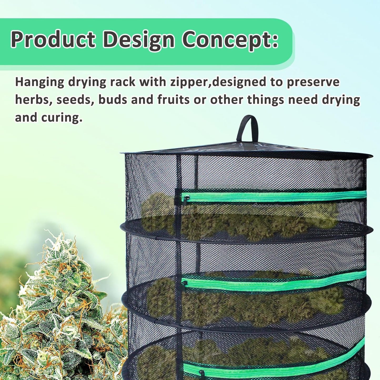 Herb Drying Rack 8 Layer 2Ft Diameter Plant Hanging Mesh Dry Net W/Green Zipper, Free Garden Pruning Shears