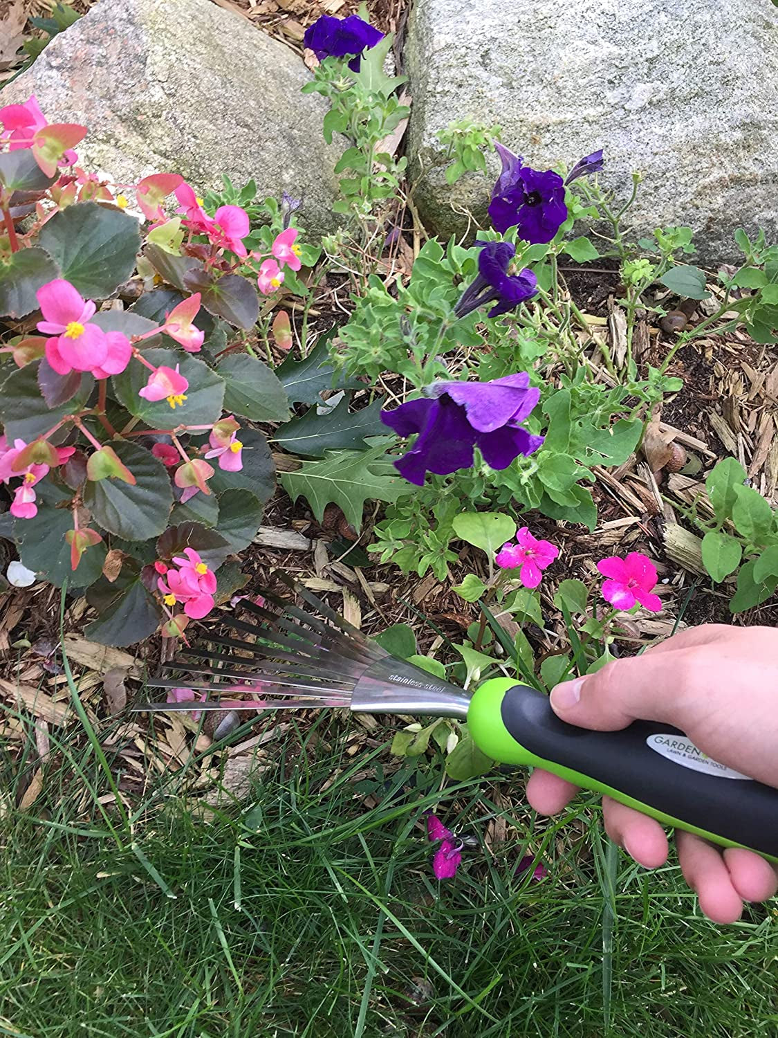 Garden Guru Stainless Steel Hand Rake Soil Tiller with Ergonomic Handle, Great for Gardening, Cultivating, Loosening Soil & Spreading Mulch