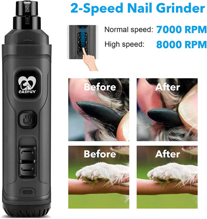 Professional Electric Dog Nail Grinder with LED Light - 2-Speed Quiet & Painless Trimmer for All Dog Sizes & Cats (Grey)